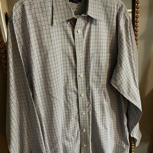 Lands' End Blue and Brown Checkered Casual Shirt 16 1/2- 37